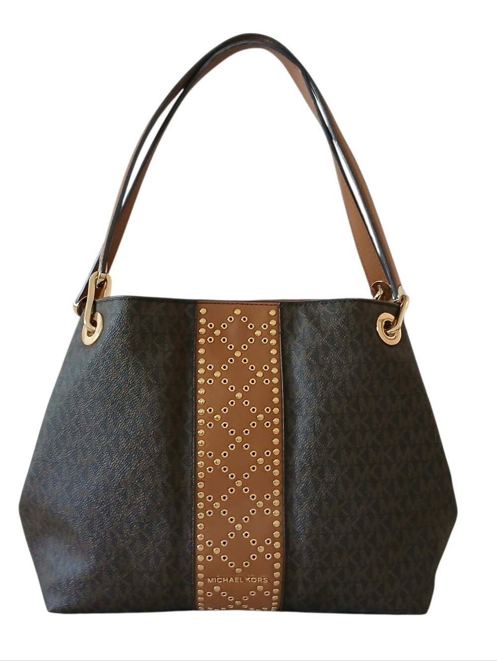 NWOT MICHAEL KORS Raven Large Signature Tote Grommets Studs Brown Tan Luxury - Picture 1 of 13